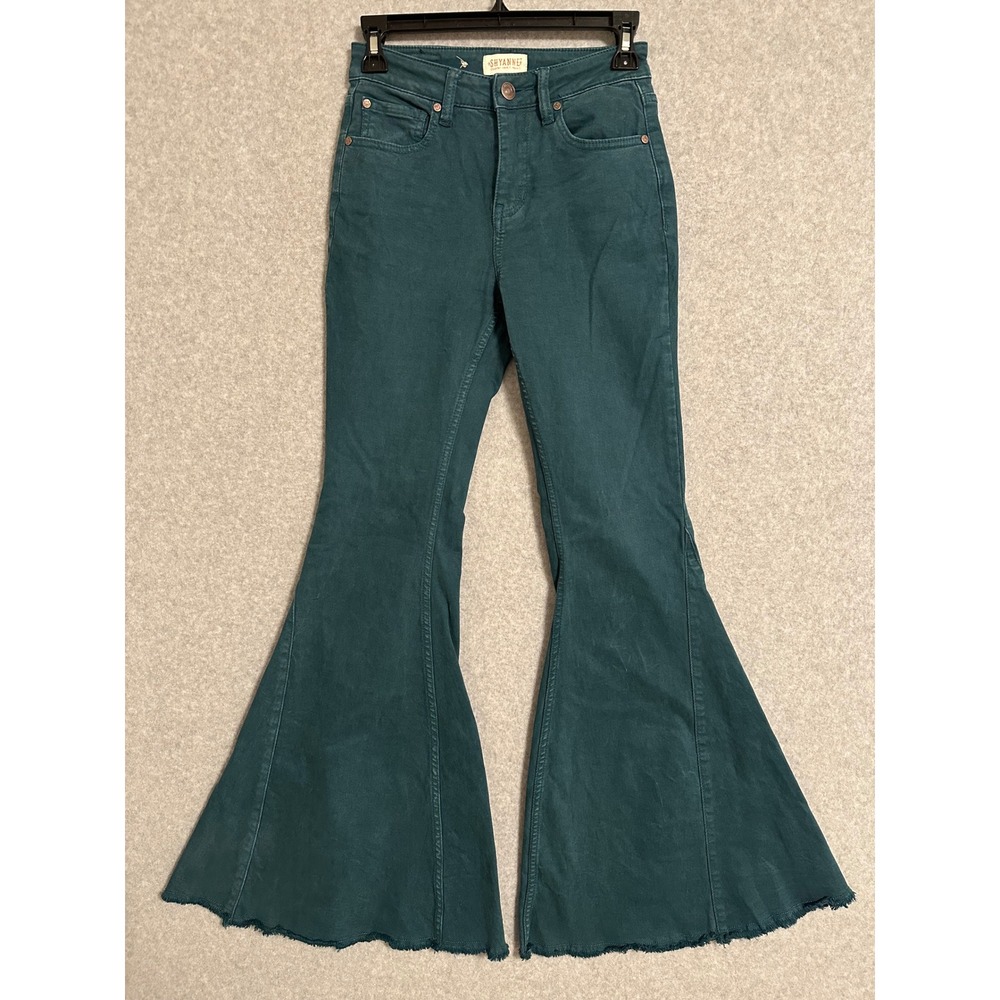 Shyanne Bell Bottom Jeans Womens 25 Teal Green High Rise Flare Raw Hem